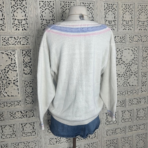 Vintage Pastel Pink & Purple V Neck Cable Knit Chunky Retro Sweater Sz Medium - Picture 5 of 7